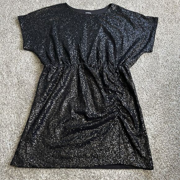 Black Full Sequin Dress By Express SZ XL Short Sleeves Lined Party Wedding - Picture 1 of 7